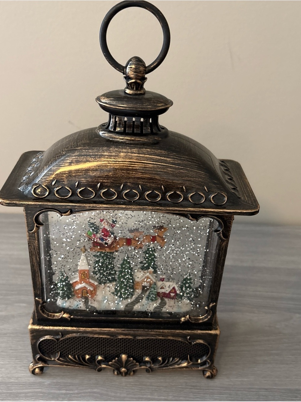 12"  Christmas Bronze LED Lantern Santa w/ Reindeer Swirling Snow Globe